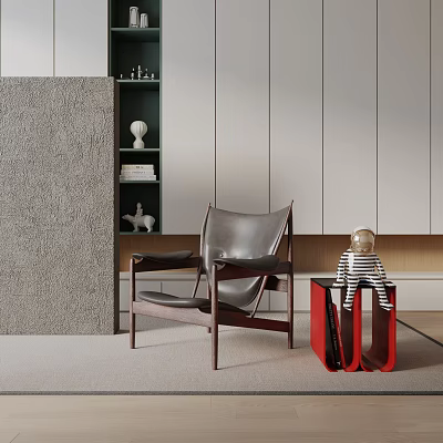 Leather Lounge Chair In Modern Interior With Bookshelf Decorative Items And Red Side Table 3d model