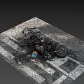 Wrecked Motorcycle With Scorched Parts And Broken Wheel On Zebra Crossing