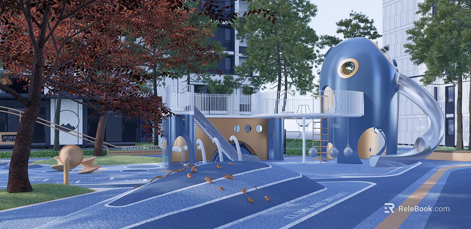 Outdoor Blue Playground Equipment Featuring Slide Climbing Structure Trees Building Blue Pavement And Decorative Elements 3d model 