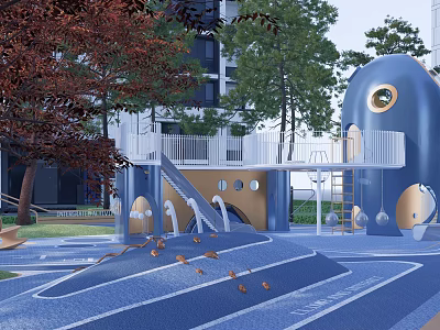 Outdoor Blue Playground Equipment Featuring Slide Climbing Structure Trees Building Blue Pavement And Decorative Elements 3d model
