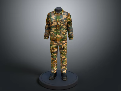 Military Camouflage Uniform Display With Jacket Pants And Mannequin Stand 3d model