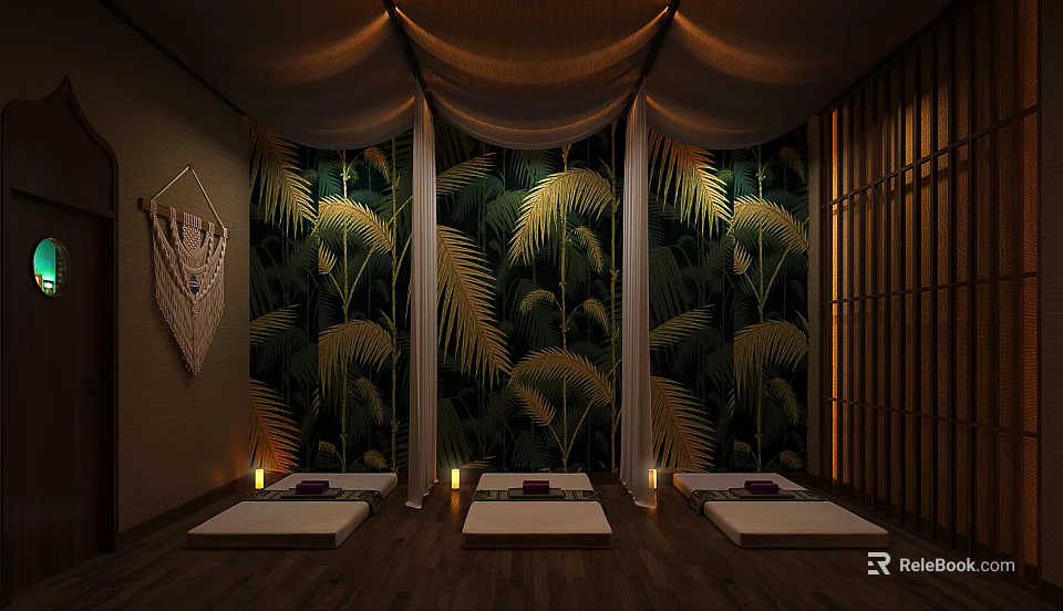 Tranquil SPA Sauna Space With Palm Leaf Curtains Wooden Flooring Purple Cushioned Mats And Candles 3d model 