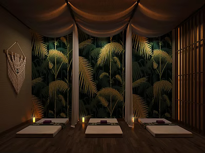 Tranquil SPA Sauna Space With Palm Leaf Curtains Wooden Flooring Purple Cushioned Mats And Candles 3d model