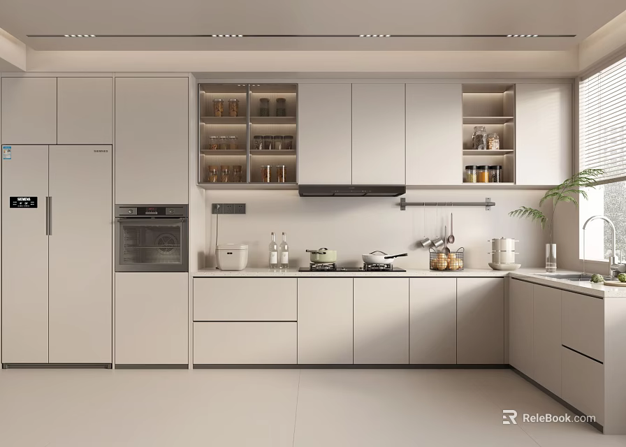 Modern Kitchen Interior With Light Colored Cabinets Built in Appliances And Countertop 3d model
