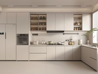 Modern Kitchen Interior With Light Colored Cabinets Built in Appliances And Countertop 3d model