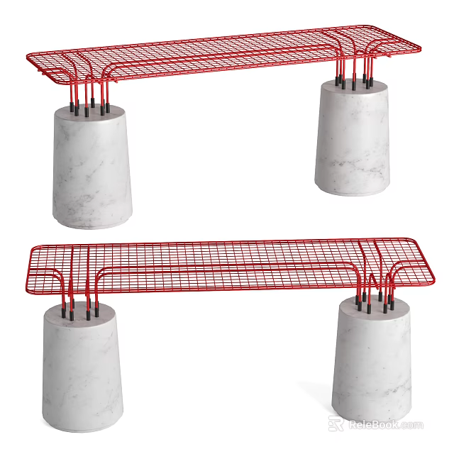 Public Chair With Red Metal Grid Frame And Marble Support Pillars 3d model 