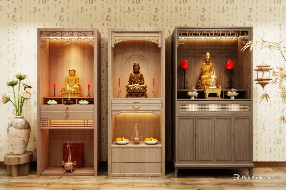 Wooden Buddhist Shrine Cabinet With Buddha Statues Offerings And Decorative Wall 3d model 