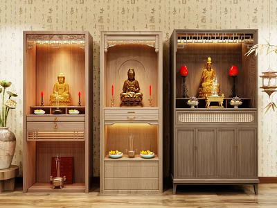 Wooden Buddhist Shrine Cabinet With Buddha Statues Offerings And Decorative Wall 3d model