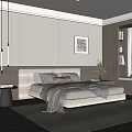 Modern Cozy Bedroom Interior With Upholstered Headboard Throw Pillows Pendant Lights And Wall Art