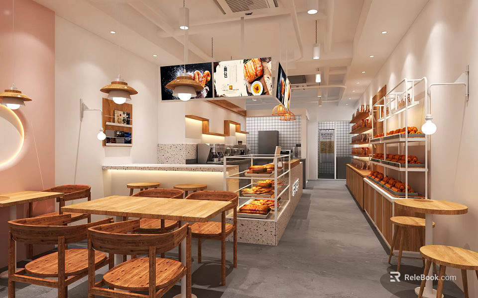 Sweet Shop Interior With Wooden Tables Dessert Display Shelves And Hanging Menu Screens 3d model 