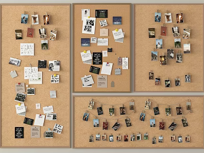 Corkboard Wall Decor with Pinned Photos Notes and Cards on Wooden Panels 3d model