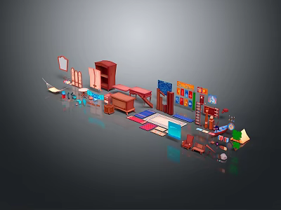 Assorted Interior Furniture Components Featuring Cabinets Chairs Tables Rugs And Decorations 3d model