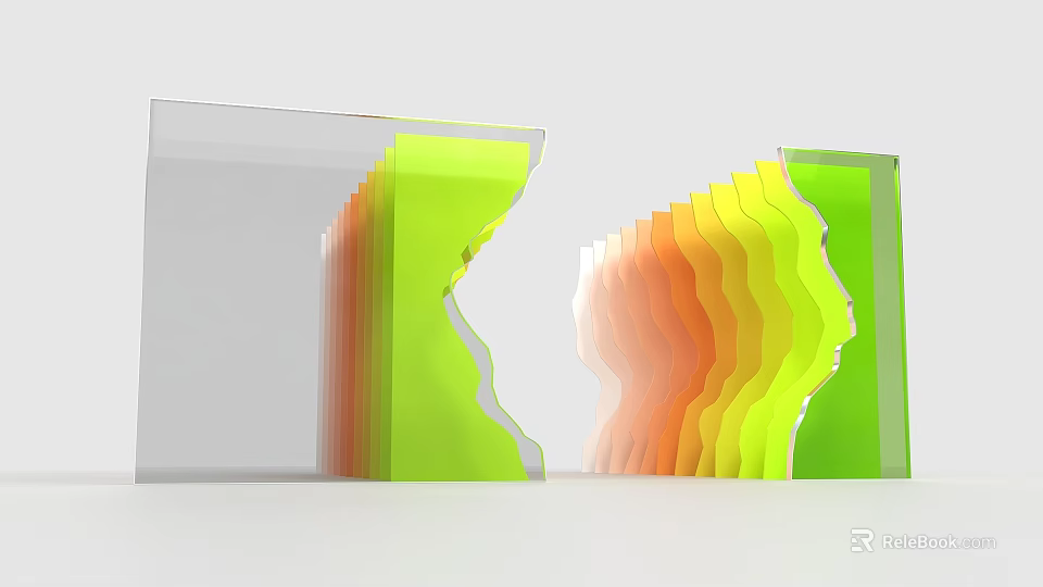 Transparent Geometric Blocks With Colorful Wavy Layers In Green Orange Yellow Tones 3d model 