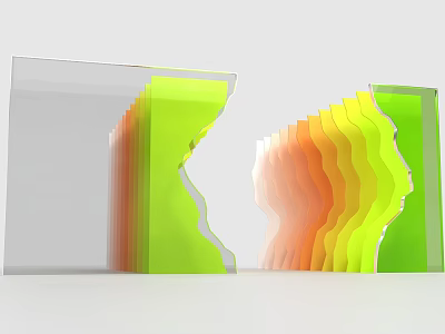 Transparent Geometric Blocks With Colorful Wavy Layers In Green Orange Yellow Tones 3d model