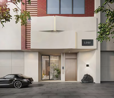 Modern Storefront Design With White Wall Red Brick Logo Sign And Green Plants 3d model