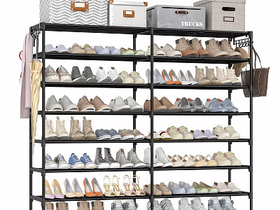Multi Tiered Metal Shoe Rack With Organized Shoes And Storage Boxes On Top 3d model