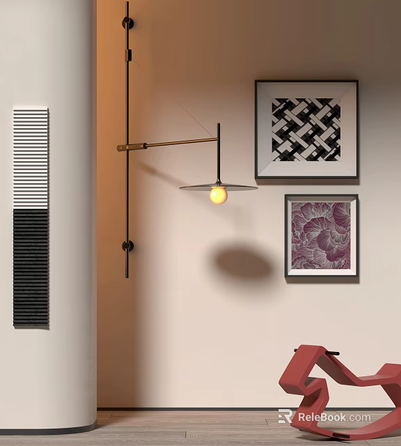 Black And White Geometric Framed Art And Purple Floral Print Hanging On Wall With Modern Lamp 3d model 