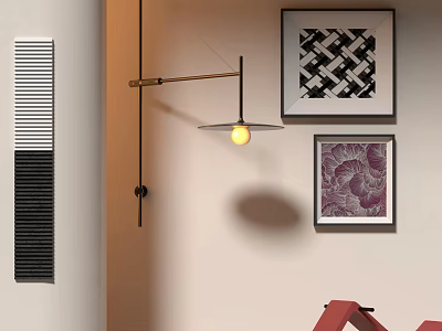 Black And White Geometric Framed Art And Purple Floral Print Hanging On Wall With Modern Lamp 3d model