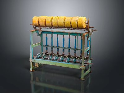 Vintage Industrial Machine With Yellow Cylindrical Rollers And Blue Green Metal Frame 3d model