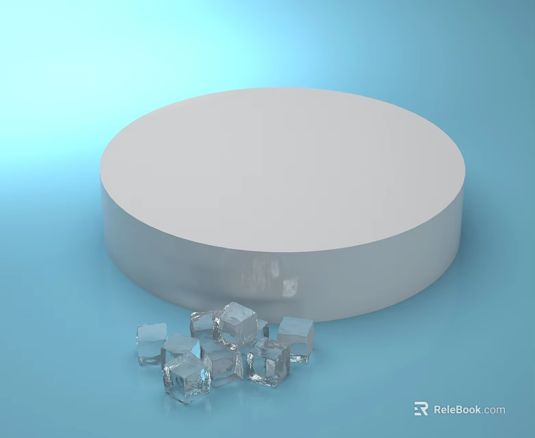 Stylish White Round Display Shelf on Light Blue Background with Transparent Cubes in Front 3d model 