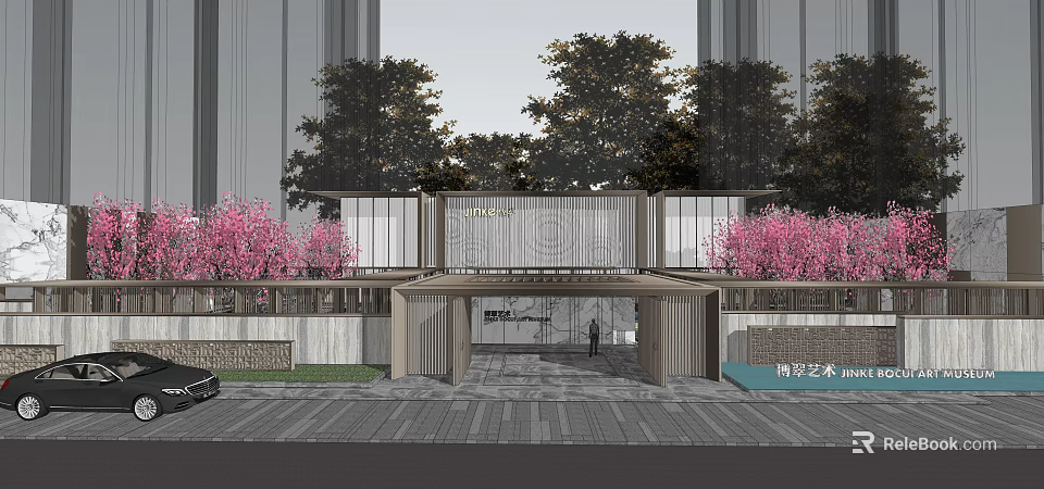 Modern Building Exterior Wall Design With Glass Facade Metal Frame Trees And Pink Flowers 3d model 