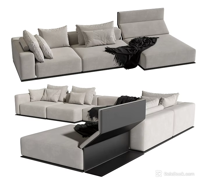 Modern L Shaped Sectional Sofa With Plush Cushions And Black Throw Blanket 3d model 