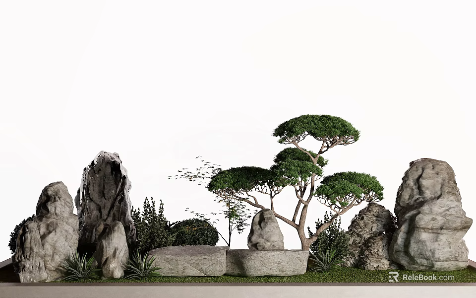 Lush Green Shrubs With Natural Rocks Ornamental Trees And Green Grass In Garden Landscape 3d model 