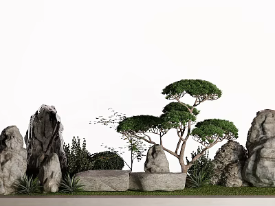 Lush Green Shrubs With Natural Rocks Ornamental Trees And Green Grass In Garden Landscape 3d model