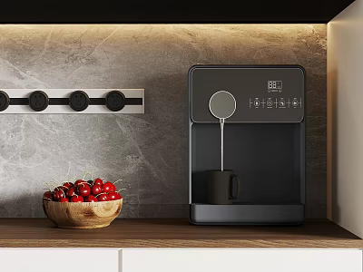 Stylish Black Coffee Machine On Wooden Countertop With Cherries And Gray Marble Wall 3d model