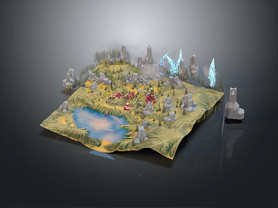 Cartoon Scenic Landscape With Green Grass Blue Lake Red Structures And Glowing Blue Crystals 3d model