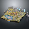 Cartoon Scenic Landscape With Green Grass Blue Lake Red Structures And Glowing Blue Crystals