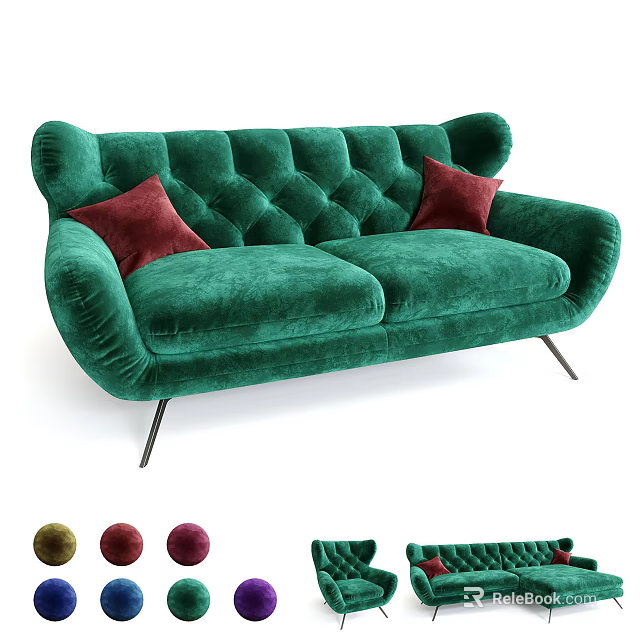 Green Velvet Sofa Set with Button Tufted Backrest Red Cushions and Metal Legs 3d model 