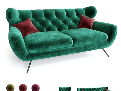Green Velvet Sofa Set with Button Tufted Backrest Red Cushions and Metal Legs 3d model
