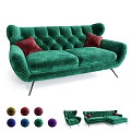 Green Velvet Sofa Set with Button Tufted Backrest Red Cushions and Metal Legs