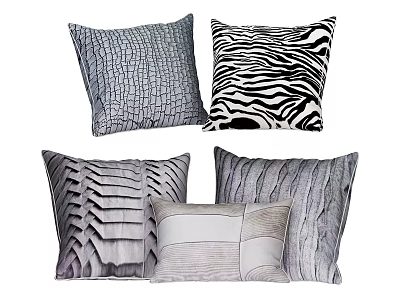 Textured Decorative Pillows with Crackle Zebra Leather Striped and Geometric Patterns in Grey Tones 3d model