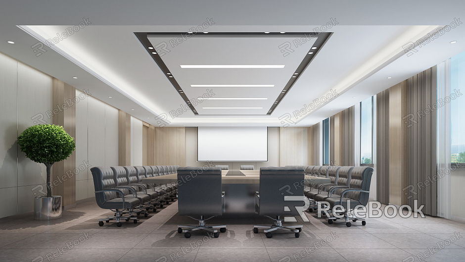 Modern Meeting Room Multi-function Hall Court Meeting Room Conference Table Office Chair Curtain Window Screen Office Plant Green Plant Projection Terrazzo Floor model