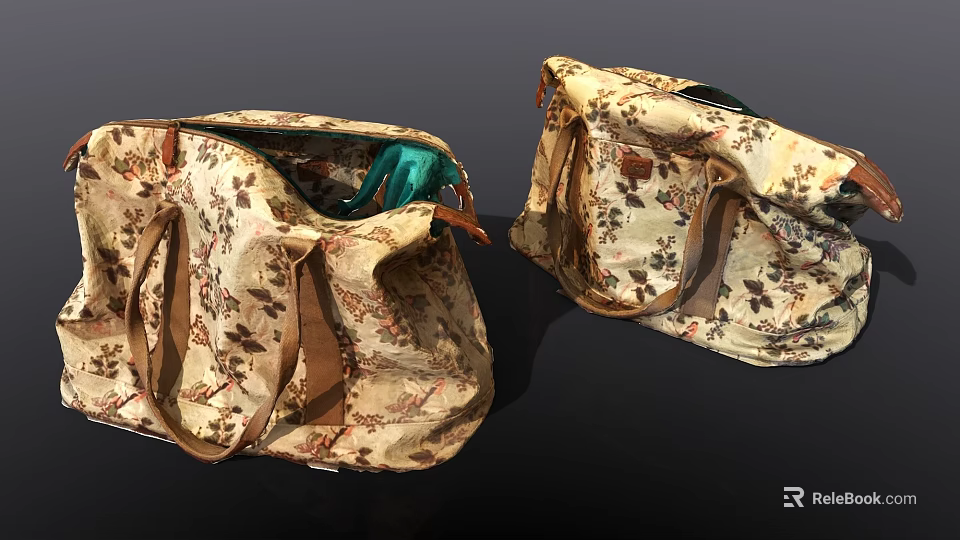 Open Floral Pattern Handbags With Brown Handles And Green Item Inside 3d model 