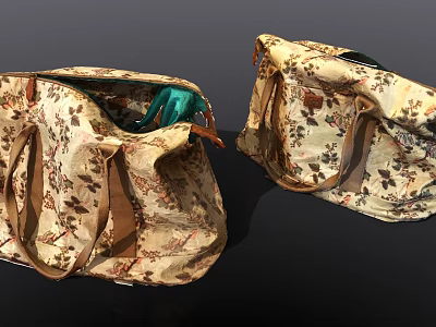 Open Floral Pattern Handbags With Brown Handles And Green Item Inside 3d model