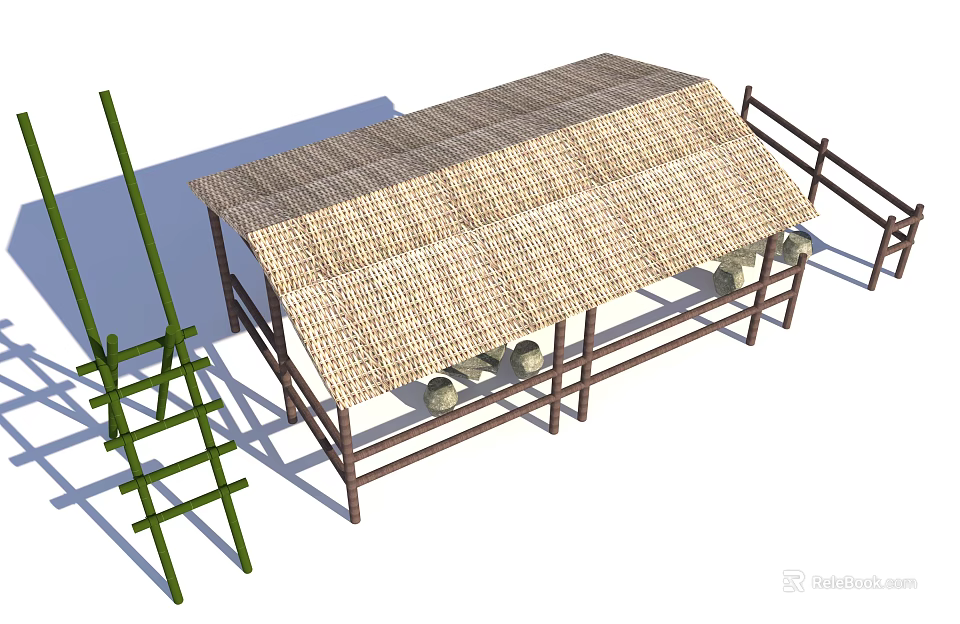 Rustic Thatched Roof Shelter With Bamboo Scaffold Metal Frame And Round Pots 3d model 