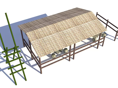 Rustic Thatched Roof Shelter With Bamboo Scaffold Metal Frame And Round Pots 3d model