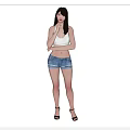 Woman In White Tank Top And Denim Shorts With High Heels Front Back Views