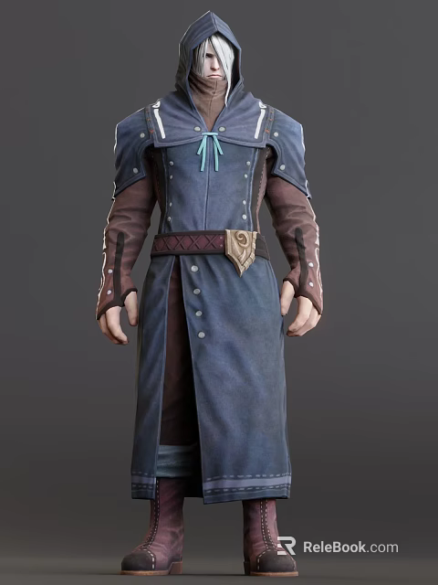 Game Movie Character In Blue Robe With Leather Belt And Detailed Fantasy Costume Design 3d model 