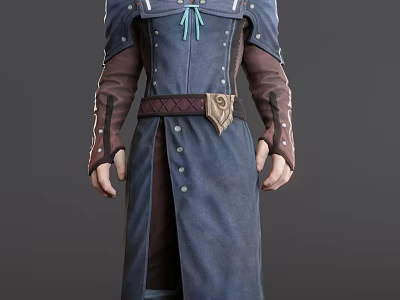Game Movie Character In Blue Robe With Leather Belt And Detailed Fantasy Costume Design 3d model