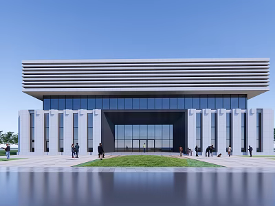 Modern Museum Building Featuring Glass Facade Horizontal Lines White Stone Walls And Lawn Front 3d model