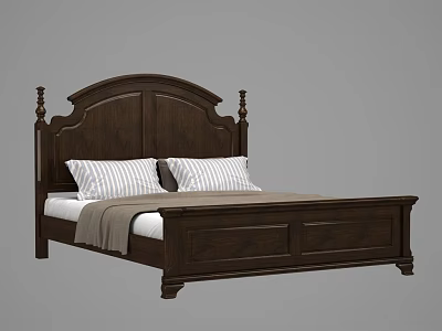 Dark Brown Wooden Double Bed With Curved Headboard Carved Posts And Striped Pillows 3d model