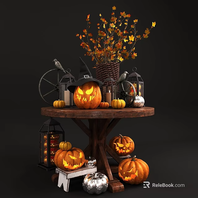 Halloween Decorative Ornament Set With Jack o Lanterns Witch Hat Lanterns Fall Leaves And Crow 3d model 