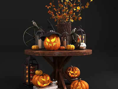 Halloween Decorative Ornament Set With Jack o Lanterns Witch Hat Lanterns Fall Leaves And Crow 3d model