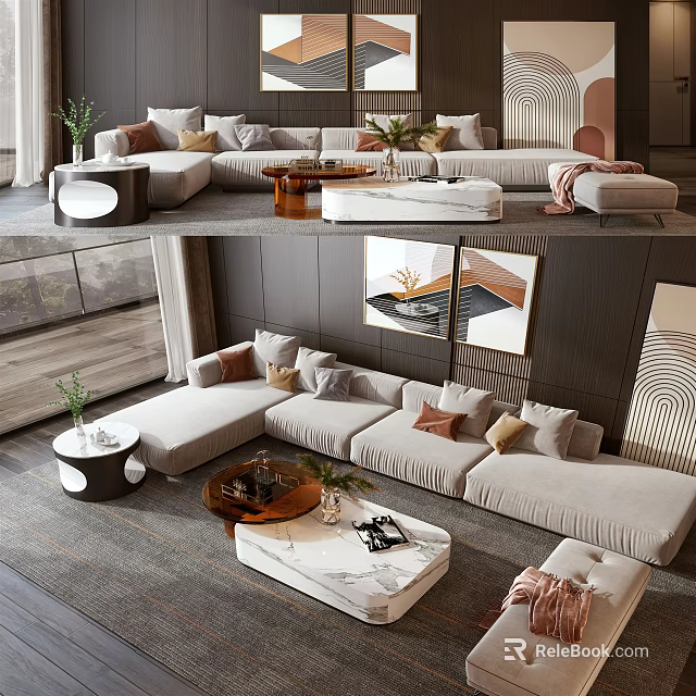 Modern L Shaped Sofa with Decorative Pillows and Marble Coffee Table Set 3d model 