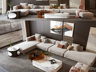 Modern L Shaped Sofa with Decorative Pillows and Marble Coffee Table Set 3d model