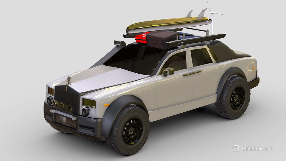 Silver Off Road Style Car with Surfboard Red Light on Roof and Front Grille Design 3d model 